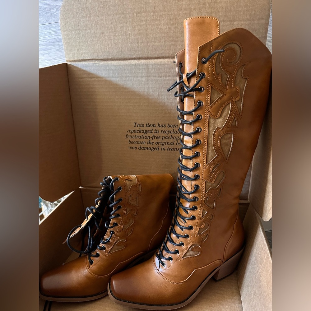 Brown Lace Up Boots with Intricate Side Detail